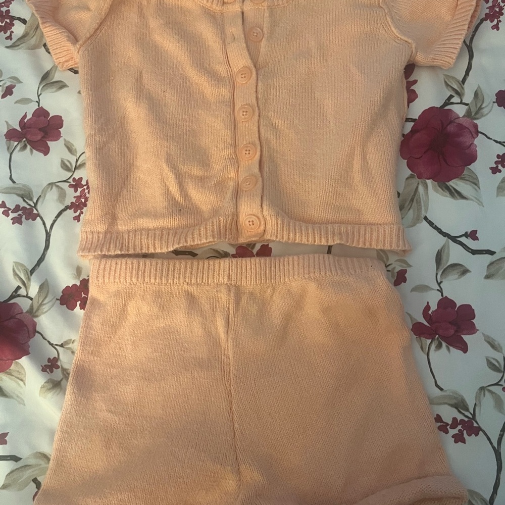Peach Knit Button-Up Top and Shorts Set